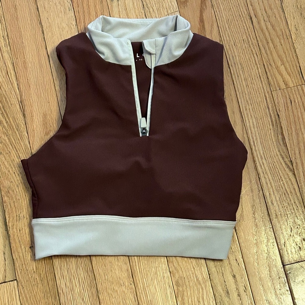 Wilo Brown and White‎ Mock Neck Zip Front Sports Bra Ribbed Size Large T32-6